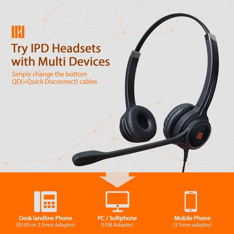 IPD Phone Headset 2.5mm with Microphone Noise Cancelling for Office and Call Center Corded IPH-255 Double Ear- Compatible with Ciso SPA,Polycom 320,321,330 and Other Cordless Phones - Image 3